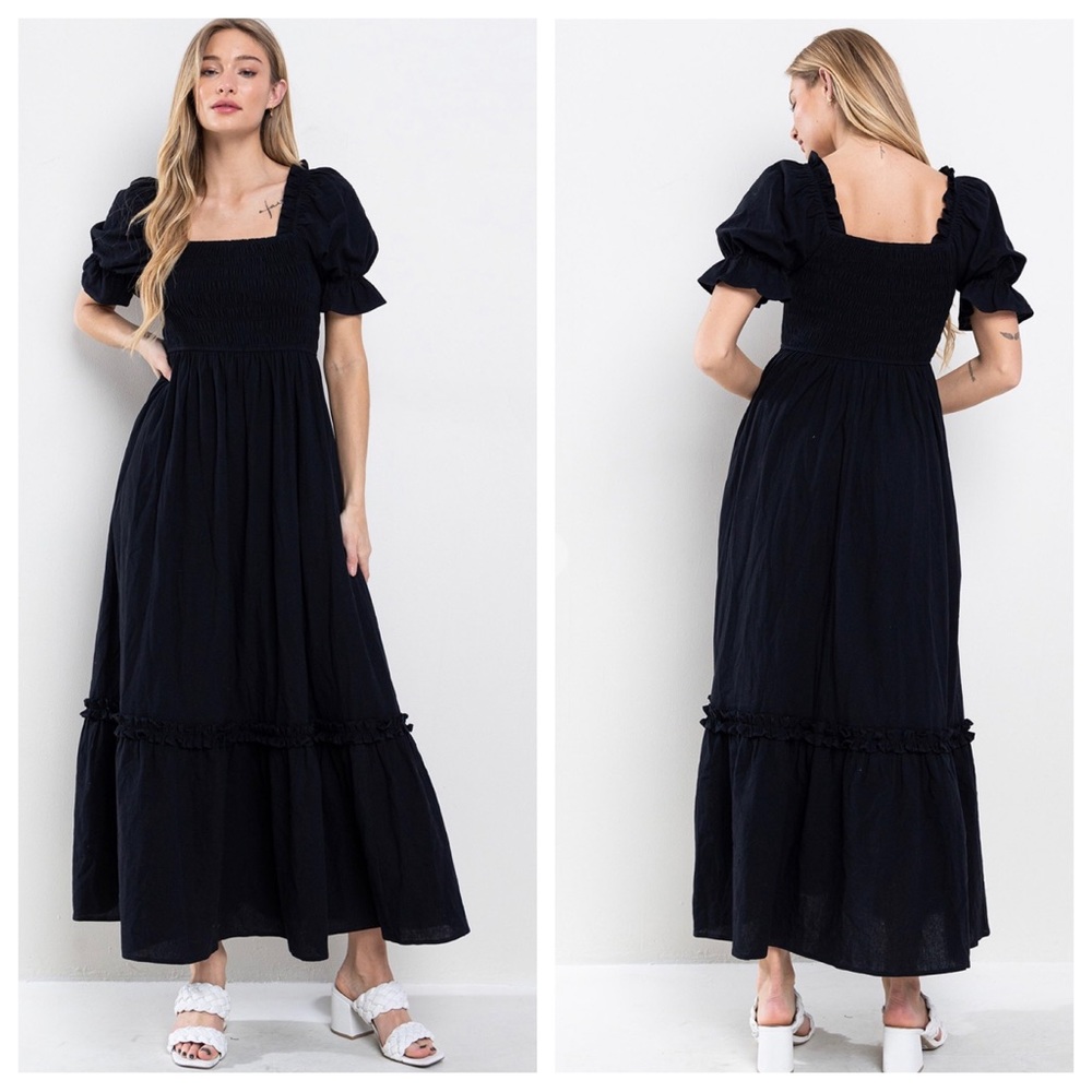 Boho Beautiful Linen Solid Smoking Detail Long Dress - Picture 1 of 5